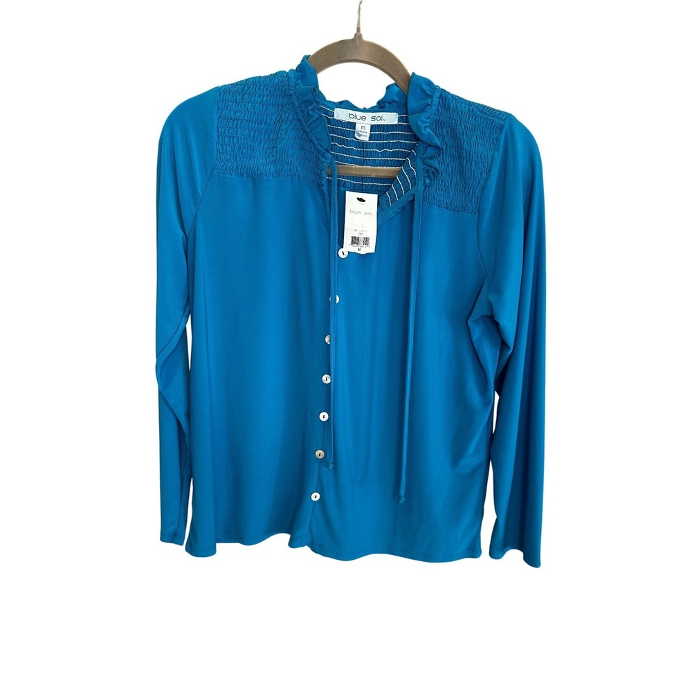 Blue Sol Women Smocked Ruffle Neck Button Front Blouse Blue Medium MITU8637 NEW